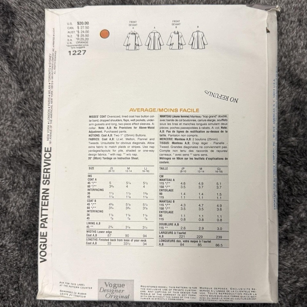 Vogue Patterns #1227 Issey Miyake Vogue Designer Original - coat *UNCUT* w/label - Picture 2 of 5